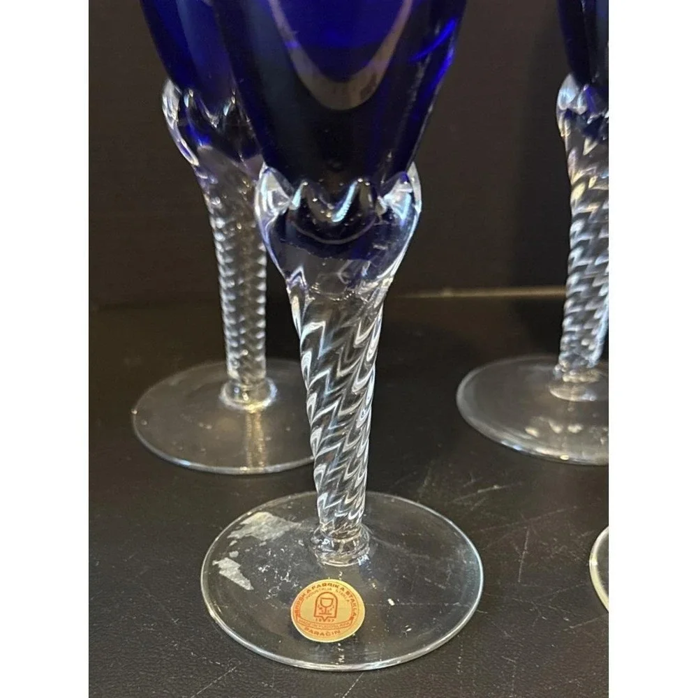 Srpska‎ Fabrika Stakla Paracin Yugoslavia Cobalt Blue Stem Glasses Set Of 4 VTG